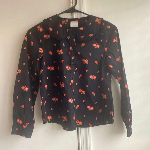 J Crew Crewcuts Girl’s Black Floral Blouse Peter Pan Collar Size 10/11 - Picture 1 of 5